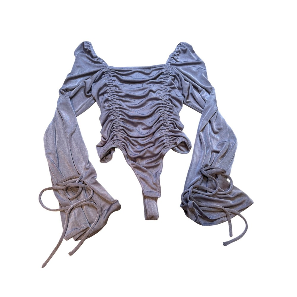 Free People Ruched Square Neck Long Sleeve Bodysuit‎ Shimmer Lilac - Picture 2 of 7